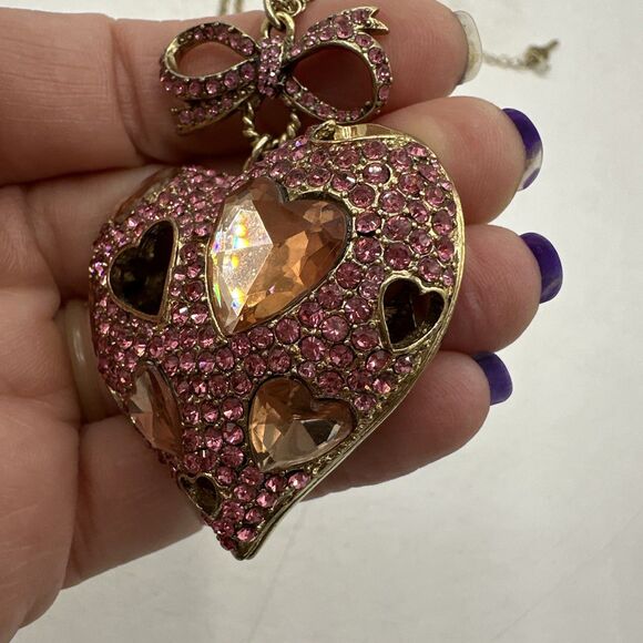 Betsey Johnson Heart Necklace Pink Rhinestones Pinkalicious Collection Gold Tone - Picture 5 of 16